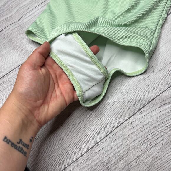 Zaful Sage Green Crinkle Ribbed One Piece Deep Scoop Neck One Piece Swimsuit S - Picture 3 of 8